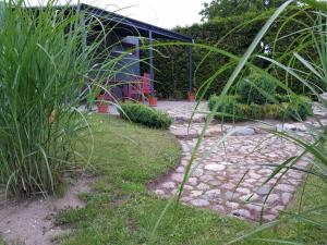 a garden with plants and a building in the background at Pribbenower Ferienhaus in Pribbenow