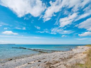a beach with a pier in the water at Ferienwohnung Kranich - Dranske in Dranske