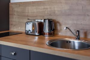 a kitchen counter with a sink and a toaster at App Osiria in Kühlungsborn