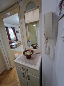 a kitchen with a refrigerator and a bowl on a counter at Velvet Nest in Kumanovo