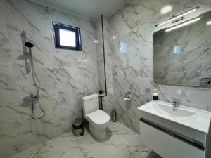 a bathroom with a sink and a toilet and a mirror at Стаи за гости- Maria Elegance in Pavel Banya