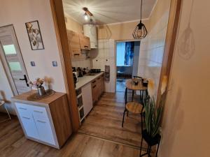 a kitchen with a counter and a table in it at POD SOSNAMI - ul Dominicka 28 in Boszkowo