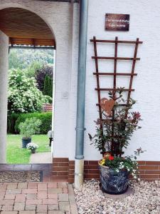 a plant in a pot on the side of a building at Ferienwohnung Edersonne in Hemfurth-Edersee