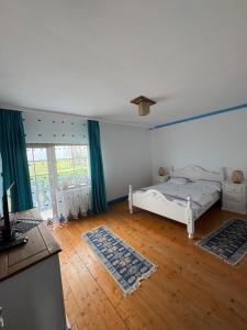a bedroom with a bed and a television in it at Casa cu flori in Tulcea