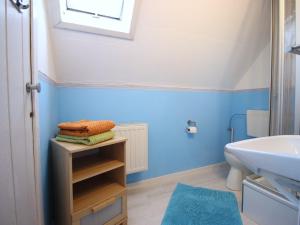 a bathroom with blue walls and a sink at Ferienwohnung Familie Schmidt in Bergen auf Rügen