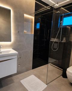 a bathroom with a shower and a toilet and a sink at Hotel Luka's in Berane +39 photos