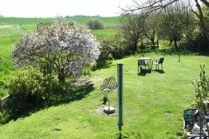 a garden with a flowering tree and a table and chairs at Ferienwohnung an den Vilmnitzer Wi in Vilmnitz