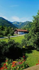 a house in a field with mountains in the background at Haus Bamberger in Fischbachau