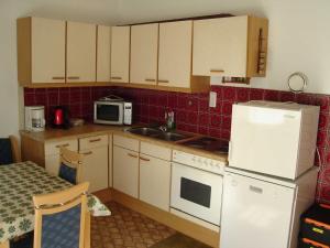a kitchen with a white refrigerator and a sink at Ferienwohnung Jirkal in Sankt Martin bei Lofer