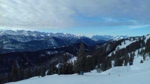 Blick auf einen schneebedeckten Berg mit Bäumen und Bergen in der Unterkunft Bocksleitnerhof in Wackersberg