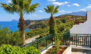 a balcony with palm trees and a view of the ocean at Istron Homes in Istro