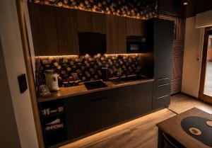 a kitchen with black cabinets and a counter top at M&M Apartment Air Conditioning Garage in Adenau