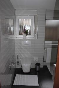 a bathroom with a toilet and a sink and a window at Gästehaus Schwien in Rust