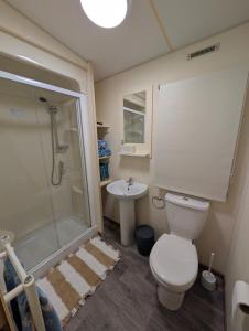a bathroom with a shower and a toilet and a sink at Shore&Meadow Holiday Lets - Luxury 8 berth caravan at Regent Bay in Morecambe +28 photos