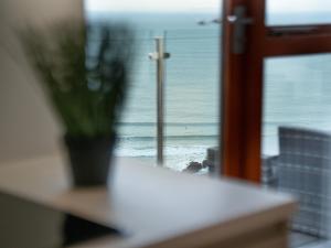 a view of the ocean from a window with a plant at Sunset Beach - Uk42994 in Woolacombe