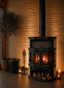 a fireplace in a room with a fire in it at Garage Loft in Satteins