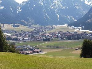 a town on a hill with mountains in the background at Haus Peintner in Tannheim