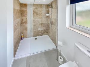 a bathroom with a shower with a toilet and a window at The Rabbit Hole - Uk50123 in Bodelwyddan