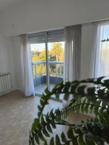 a living room with a large window and a plant at Altos de Centro Chivilcoy 7 in Chivilcoy