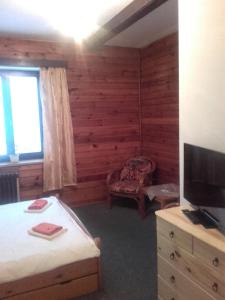 um quarto com uma cama, uma televisão e uma cadeira em Hotel Anna em Harrachov