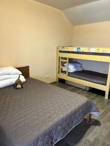 a bedroom with two bunk beds and a dog laying on the floor at Зелений двір in Vapnyarka