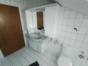 a bathroom with a sink and a toilet and a mirror at Ferienwohnung Zöller Villmar in Villmar +19 photos