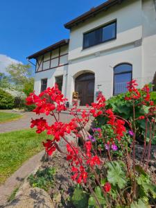 a house with red flowers in front of it at Ferienhof Dahl in Wurster Nordseeküste