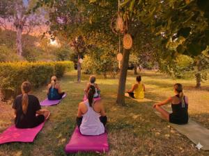 a group of people sitting in the grass practicing yoga at Bed & Breakfast Le Piagge in Scurcola Marsicana