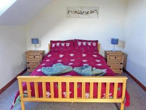 a bedroom with a red bed with two night stands at Teifi Cottage - Uk49590 in Llansawel