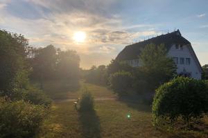 a house in a field with the sunset in the background at Süderhaus Hiddensee App 7 in Neuendorf