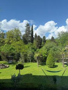a garden with a hammock in the grass at Royal Palace Hotel, Lagodekhi in Lagodekhi