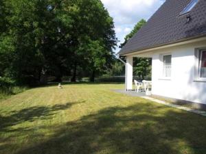a dog sitting in a yard next to a house at Ferienhaus Stang in Godendorfer Teerofen
