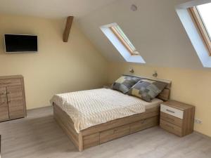 a bedroom with a bed in a room with skylights at Pension Mochow in Schwielochsee