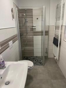 a bathroom with a shower and a toilet and a sink at Pension Mochow in Schwielochsee +10 photos