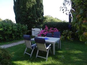 a table and chairs with flowers on the grass at Luckow Georg Asmussen Haus in Pommerby