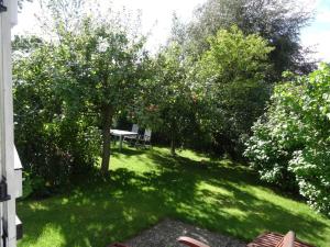 a garden with trees and a bench in the grass at Luckow Georg Asmussen Haus in Pommerby +43 photos