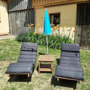 two chairs and a blue umbrella in a yard at Ferienhaus Bayerlipp in Scheßlitz