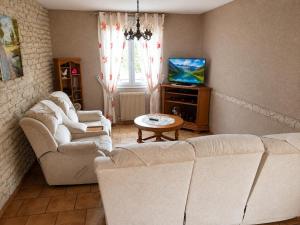 a living room with two couches and a tv at Charmant et sans chichis in Montlibert