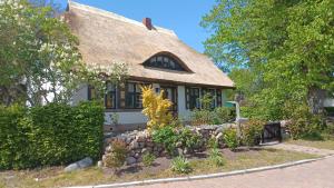 a house with a thatched roof and a garden at FW Im grünen Weg in Wustrow