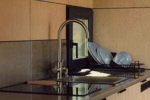 a kitchen sink with a faucet and a mirror at Dvoye in Vodniki +15 photos