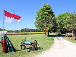 a flag and a wagon with a blue chair in a field at Ferienhof Gold in Waischenfeld