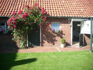 a brick house with a bush of pink flowers at Ahlborns Bluetenhof in Jork