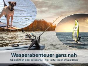 a dog is standing on a boat on the water at Haus Klipper - Nordseebad Burhave in Burhave