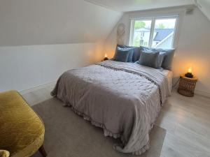 a bedroom with a bed with blue pillows and a window at Cozy countryside retreat near Söderåsen National Park in Svenstorp