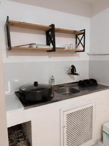 a kitchen with a sink and a frying pan on a counter at Apartamento Rua Teresa in Petrópolis
