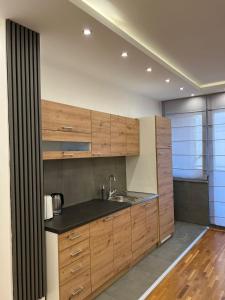 a kitchen with wooden cabinets and a sink at Lux Apartman Inđija in Inđija