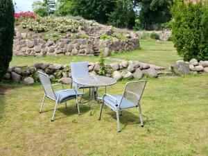 three chairs and a glass table in a yard at Peene Alte Schule Völschow Dornberger in Völschow