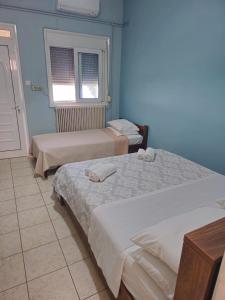 two beds in a room with blue walls at ΕΥΡΙΠΟΣ in Kritharia