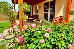 a garden of flowers in front of a house at HAUS MUeRITZBRISE _ OG_Fewo in Klink