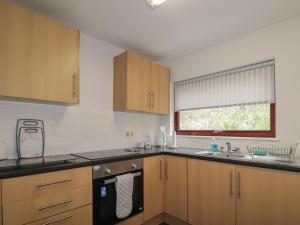 a kitchen with wooden cabinets and a black dishwasher at 3 Bruaich Cottages in Strathpeffer